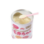 Close-up of Morinaga E-Akachan Infant Formula Japanese Baby Milk 800g, showing scoop and nutritional label for easy preparation