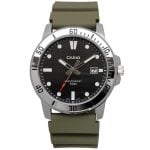 45mm Casio MTP‑VD01 Olive Dial with Quartz Movement, offering reliable timekeeping