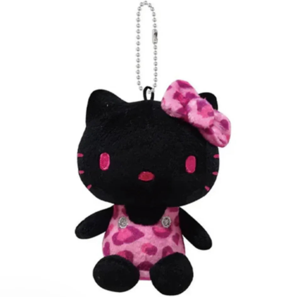Sanrio Hello Kitty Leopard Print Keychain Plush, 11.5cm, soft black fabric, ideal for bag decoration