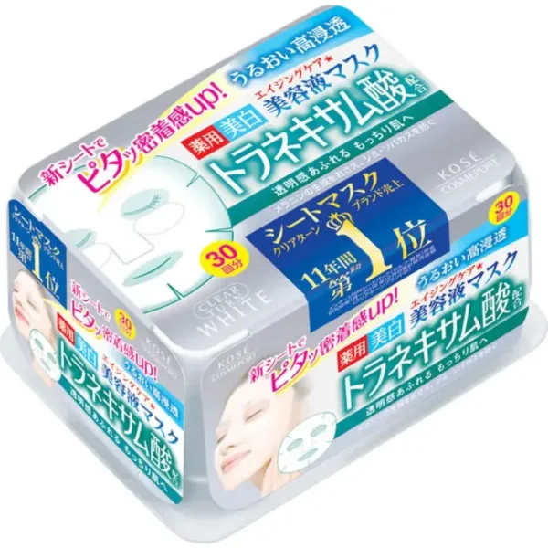 Kose Cosme Port Clear Turn Essence Serum Sheet Mask Skin Whitening 30 Sheets - Skincare