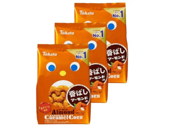 Tohato Almond Caramel Corn Puffs Snack 65g, a sweet treat with crunchy caramel corn and almonds