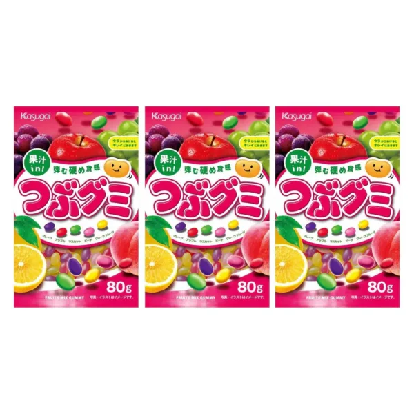 Kasugai Tsubu Gummy Mixed Fruit in 80g pack, vibrant flavors, perfect for sharing