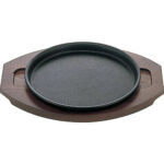 Ikenaga Cast Iron Yakisoba Plate Sizzling Plate With Wooden Stand, Standard Size, High Heat Retention, ideal for serving hot noodles.