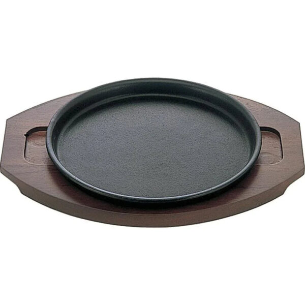 Ikenaga Cast Iron Yakisoba Plate Sizzling Plate With Wooden Stand, Standard Size, High Heat Retention, ideal for serving hot noodles.