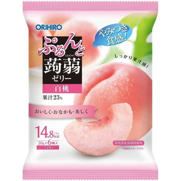 Orihiro Konjac Jelly Snack Peach Flavor 120g Pack of 6, juicy peach taste, ideal for light snacking