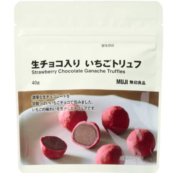 Muji Strawberry Chocolate Ganache Truffles, 40g, sweet and tart flavor, ideal for a quick snack break