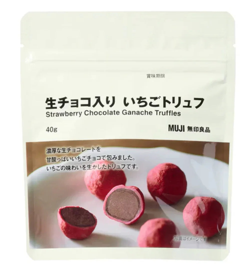 7467a7b5-chocolate-muji-strawberry-chocolate-ganache-truffles-01-yoyojapanstore Muji Strawberry Chocolate Ganache Truffles, 40g, sweet and tart flavor, ideal for a quick snack break
