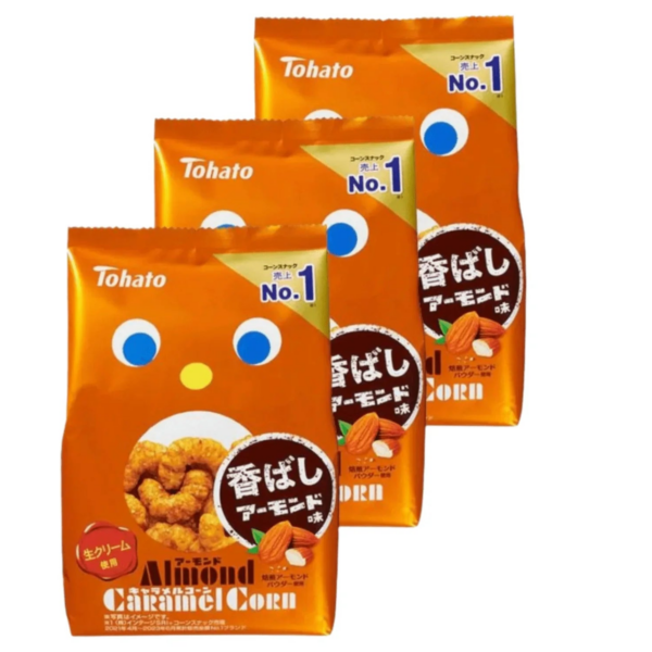 Tohato Almond Caramel Corn Puffs Snack 65g Pack, featuring crispy puffs and roasted almonds