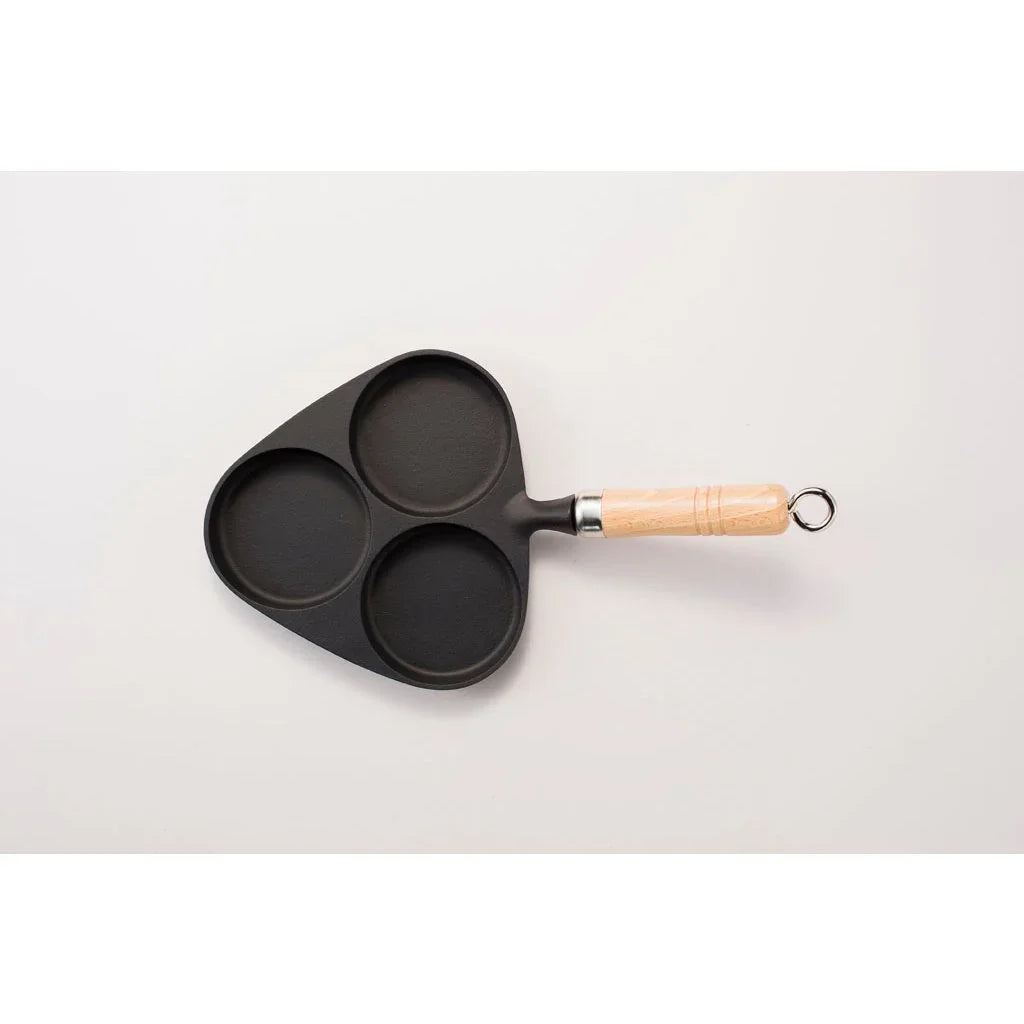 Iwachu Wooden Handle Egg Frying Pan Induction Cast Iron 3 Egg Pan, 3-egg capacity, cast iron wells, ideal for quick breakfasts