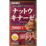 Close-up of Orihiro Nattokinase Natto Supplement, 60 Capsules, featuring soft capsules for easy use