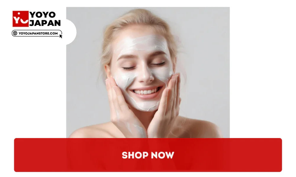 Minimalist Japanese skincare products made with natural ingredients like rice bran and green tea.