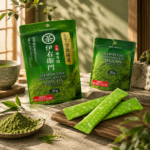 Close-up of YOYOJAPAN Japanese Matcha Powder Bundle, 5 Items, featuring fine green powder for smooth daily lattes