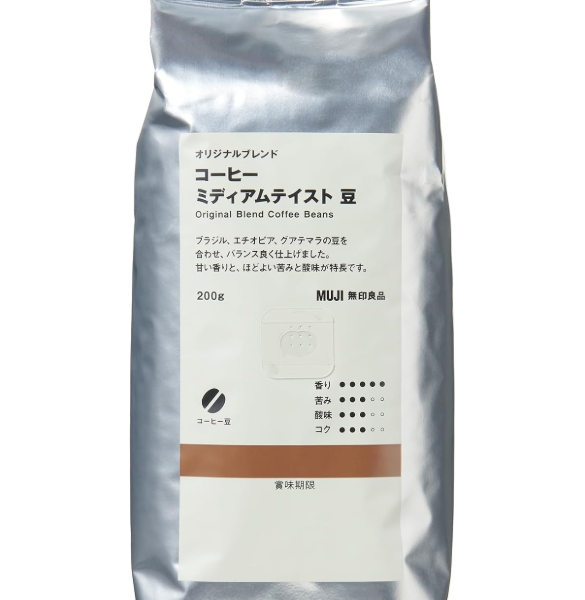 MUJI Original Blend Coffee Beans, 200g, medium roast profile, ideal for daily morning brewing