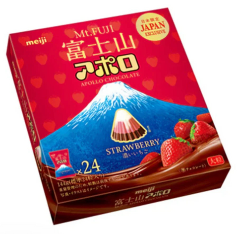 144g Meiji Mt. Fuji Apollo Chocolate Strawberry with Milk Chocolate, offering a Creamy Finish for All Ages